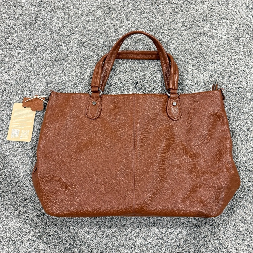 NWT! Befen Cognac Brown Soft Genuine Pebbled Leather Satchel Zip Top Handle